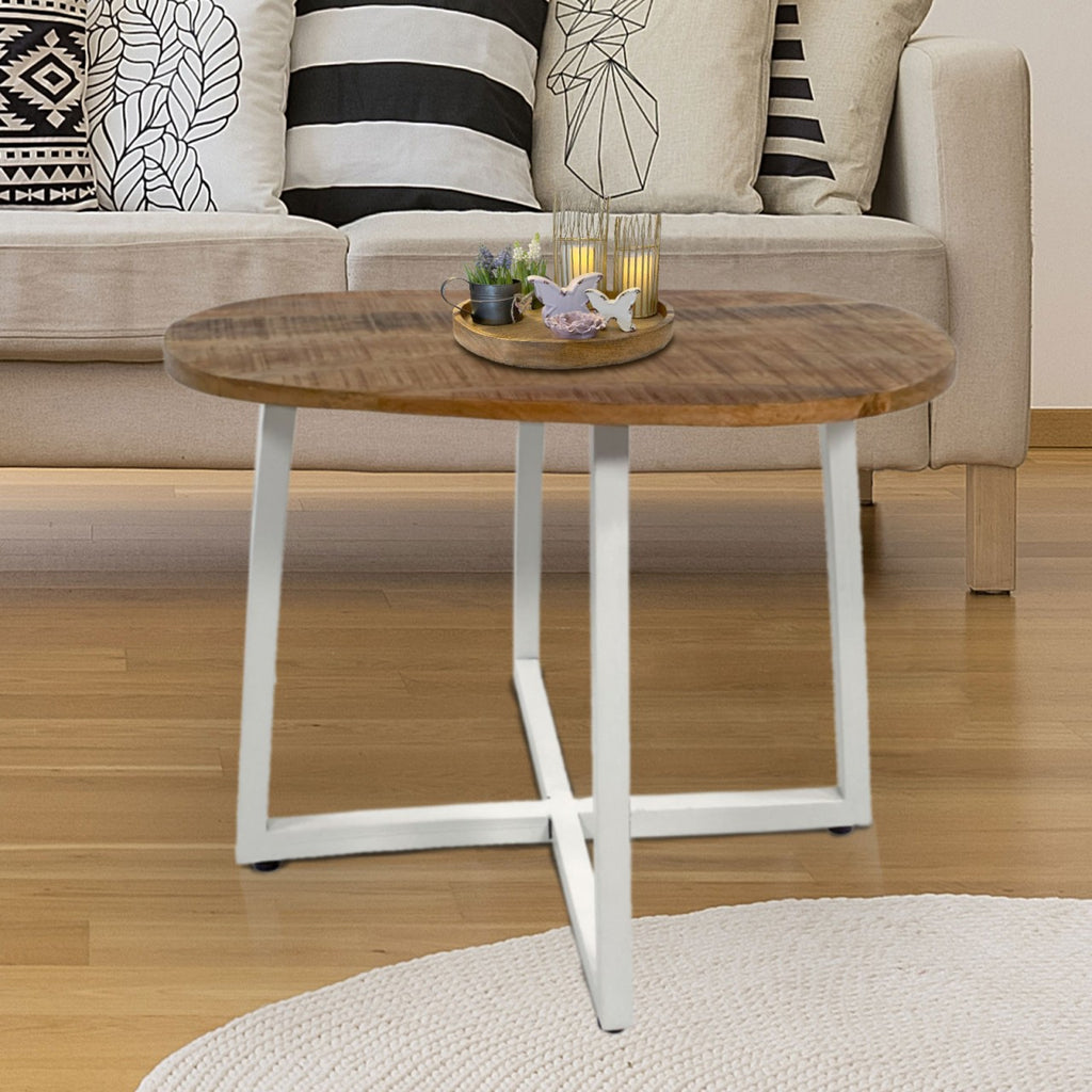 Rund sofabord ø60x45cm til stuen, træ og metal, hvidt stel