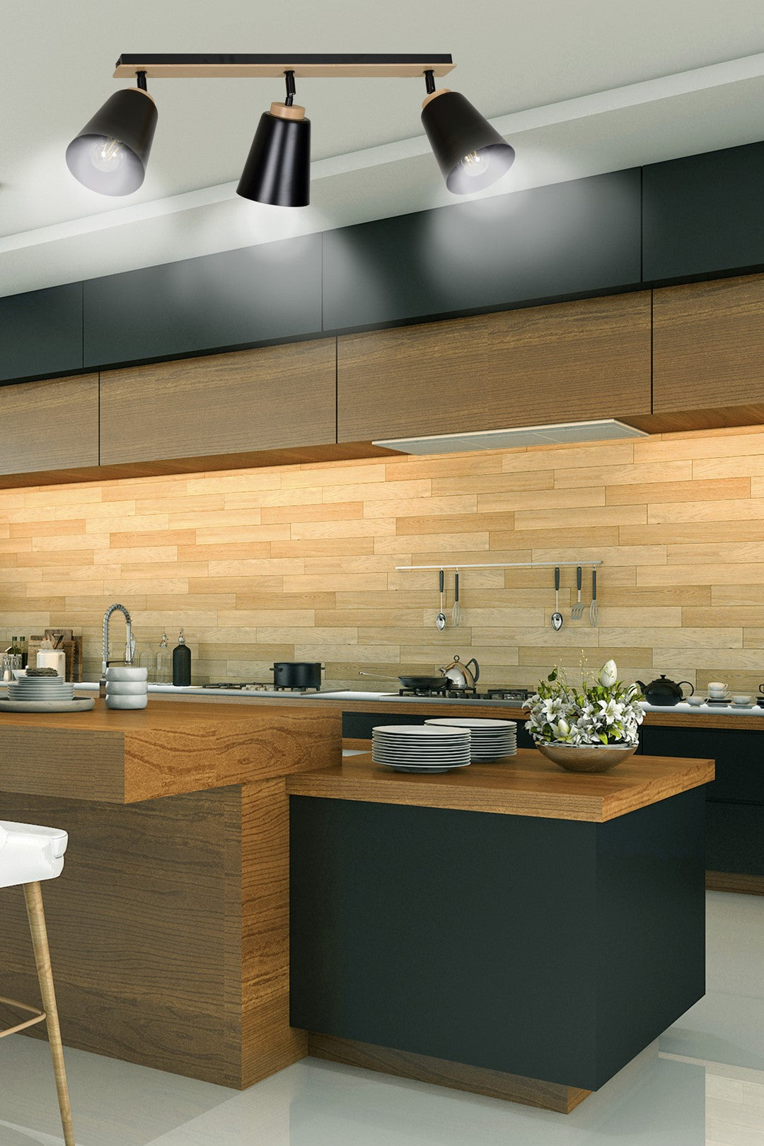 Loftlampe ATLAS 3 - Sort / Træ - Nordic Unique