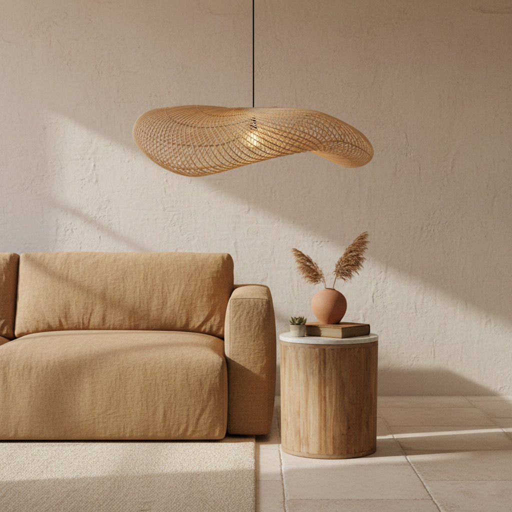 Wave rattan hængelampe XL - Ø90x22 cm
