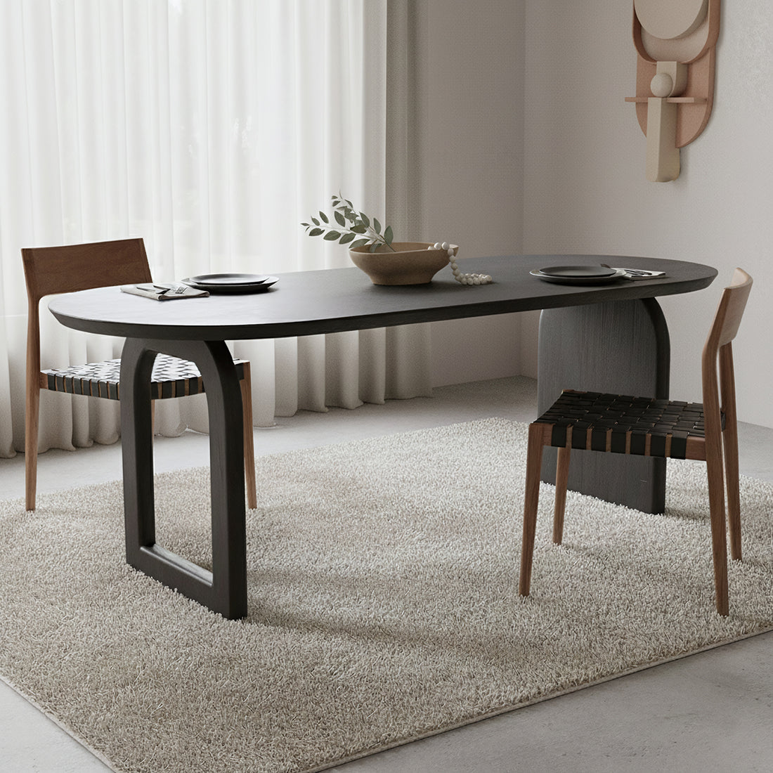 Spisebord med rundet kant - sort - 180 cm - kombineret understel