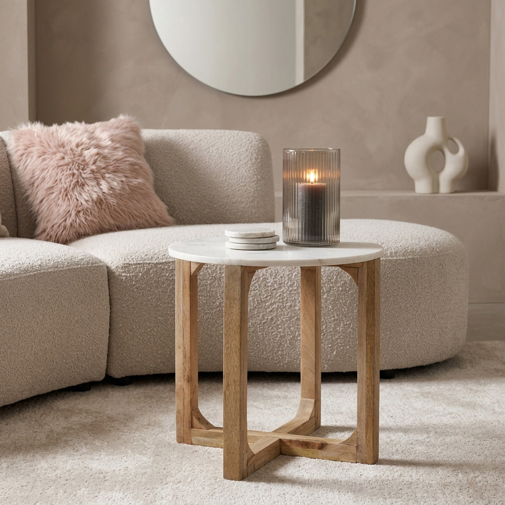 Rundt sidebord i marmor - hvid