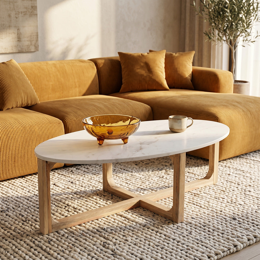 Ovalt sofabord i marmor - Hvid - 120x60x38 cm
