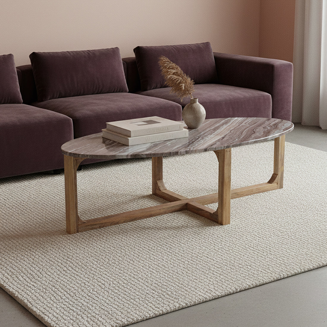 Ovalt sofabord i marmor - Fantasy brun - 120x60x38 cm